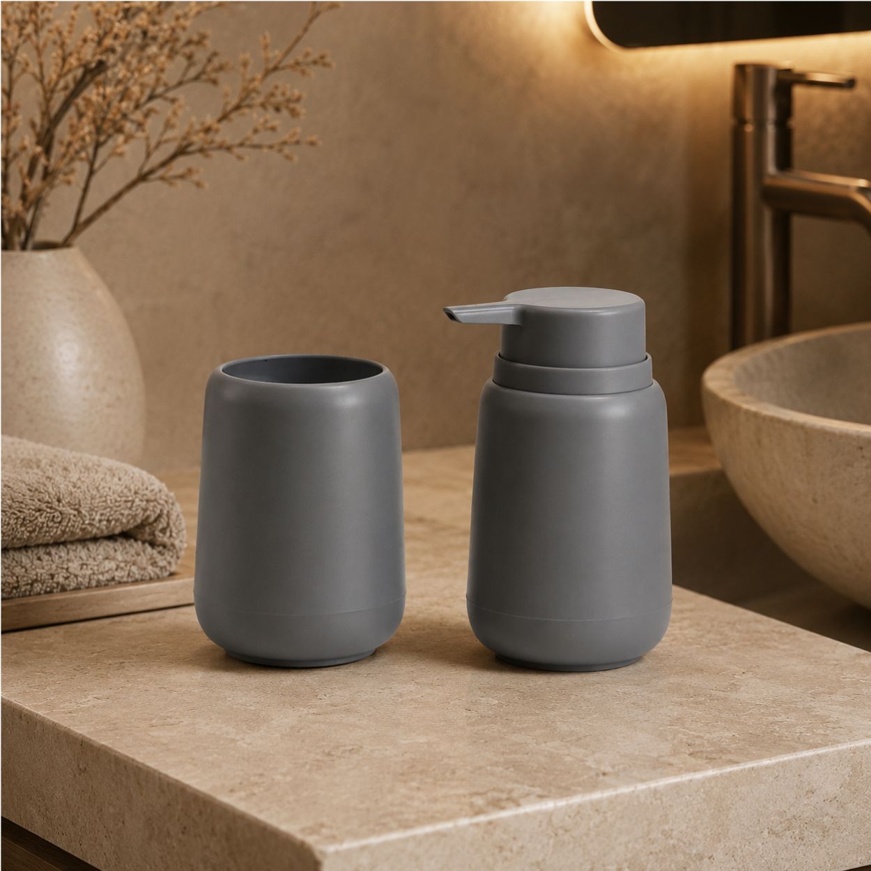 Σετ μπάνιου 2 τεμ πλαστικό dispenser με ποτήρι GREY