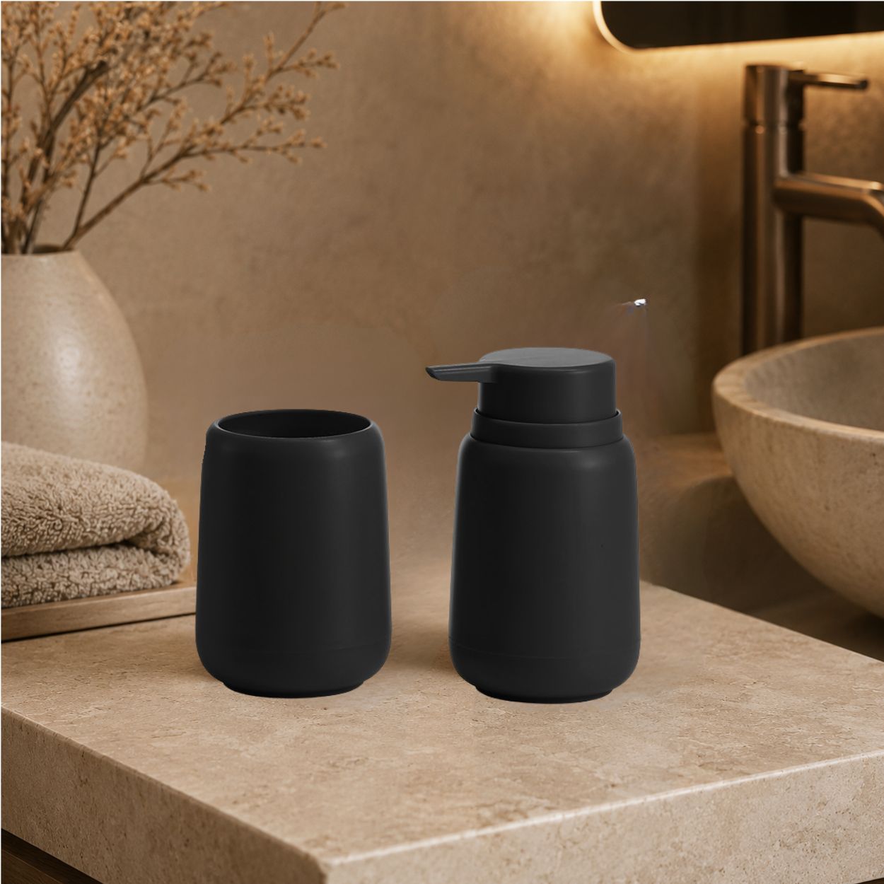 Σετ μπάνιου 2 τεμ πλαστικό dispenser με ποτήρι black